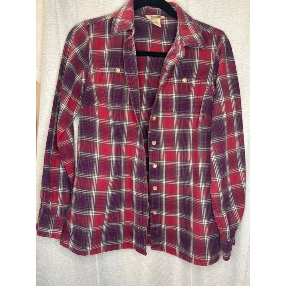 Duluth Cotton Flannel Button Down Plaid Purple Red Cabincore Cozy Rustic XS